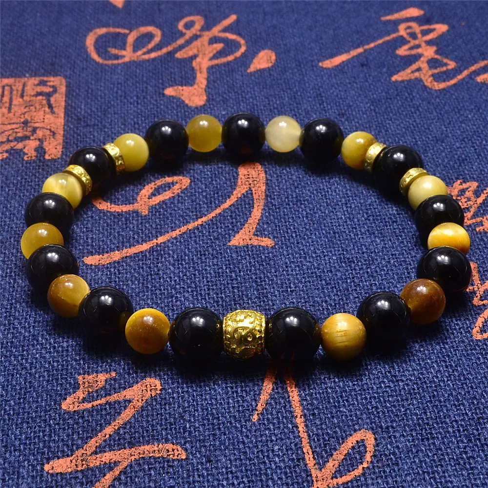 

Tibetan Buddhist Copper Six-Word Mantra Genuine Tiger Eye Bracelet Handmade Lucky Natural Black Obsidian Bracelet For Women Men