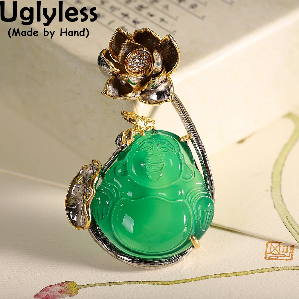 

Uglyless Transparent Green Chalcedony Maitreya Pendants for Women Forever Laughing Buddha Necklaces NO Chains 925 Silver Lotus