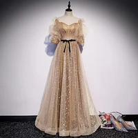robe de soiree champagne gold prom dresses square collar a line half sleeves sequins tulle elegant party gown vestidos de fiesta