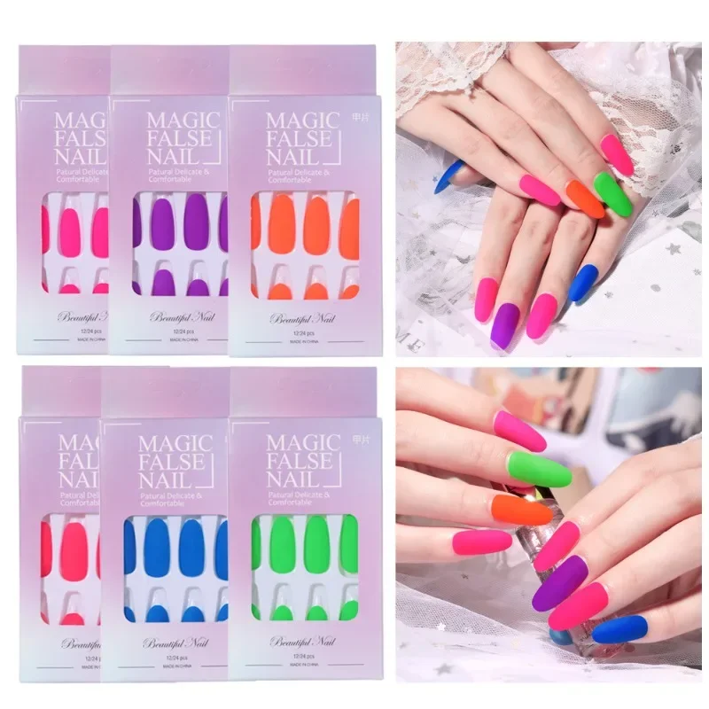 

Fluorescent Long Round Nail Panel Wearing Nail Panel Wholesale Nail Panel Finished False Nail Patch Nail Panel 24 Pieces Boxed
