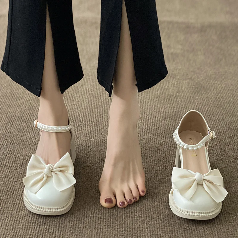 

Med Pearl Sandals Comfort Shoes for Women Summer Heels Suit Female Beige Buckle Strap Mary Jane Medium Girls Fashion Black 2022