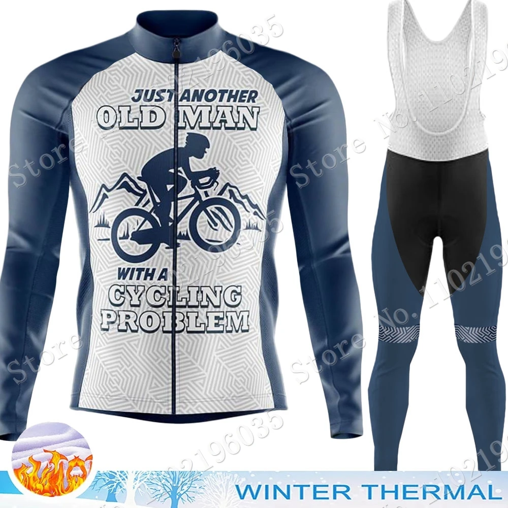 

2022 Winter Old Man Cycling Jersey Set Long Sleeve Retro Blue Cycling Vintage Clothing Road Race Bike Jacket Suit MTB Maillot