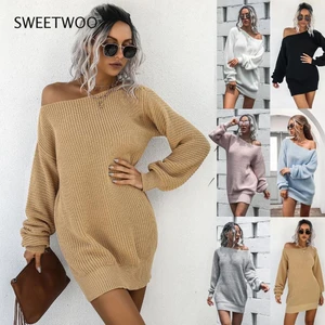 Winter Womens Mini Sweaters Dress 2022 Lantern Sleeve Oversized Fashion Knitted Dress Casual Loose Solid Color Female Clothing