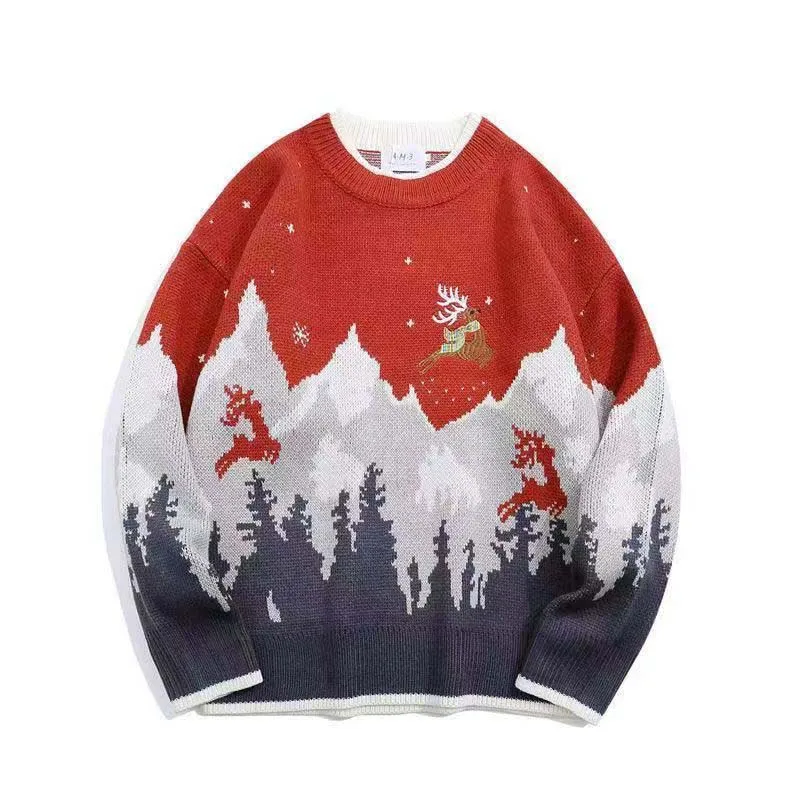 2022 Autumn Winter New Ins Tide Brand National Tide Snow Mountain Reindeer Embroidered Christmas Sweater Men's Japanese Vintage