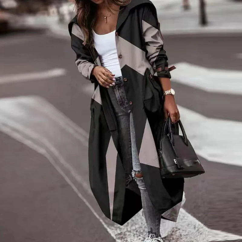 

Women Casual Long Sleeve Windbreaker Fall Elegant Button Pocket Long Trench Coat 2022 Winter Fashion Chic Print Loose Outerwear