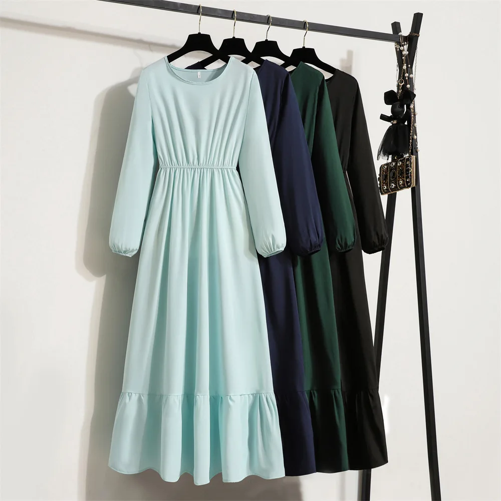 Spring Summer Female Solid Full Sleeve O-neck Casual Dress Women Bohe Party Long Dress Women Muslim Maxi Dresses Dropshipping
