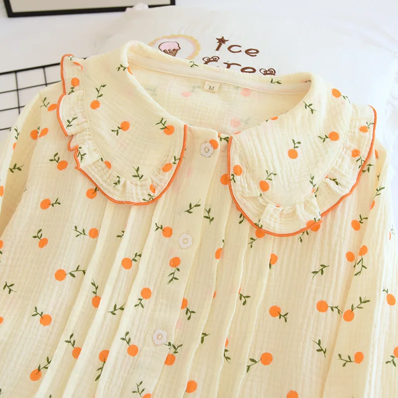 Doll Collar Girl Home Wear Set Soft Breathable Comfortable Woven Cotton Crepe Button Long Sleeves Trousers Korean Pyjamas Women