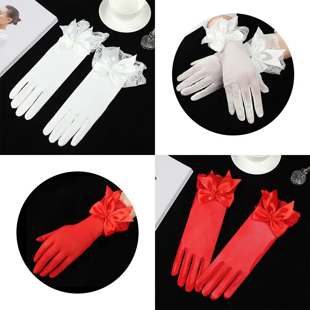 

Women Sunscreen Chiffon White Bride Mittens Lace Gloves Bow Driving Gloves