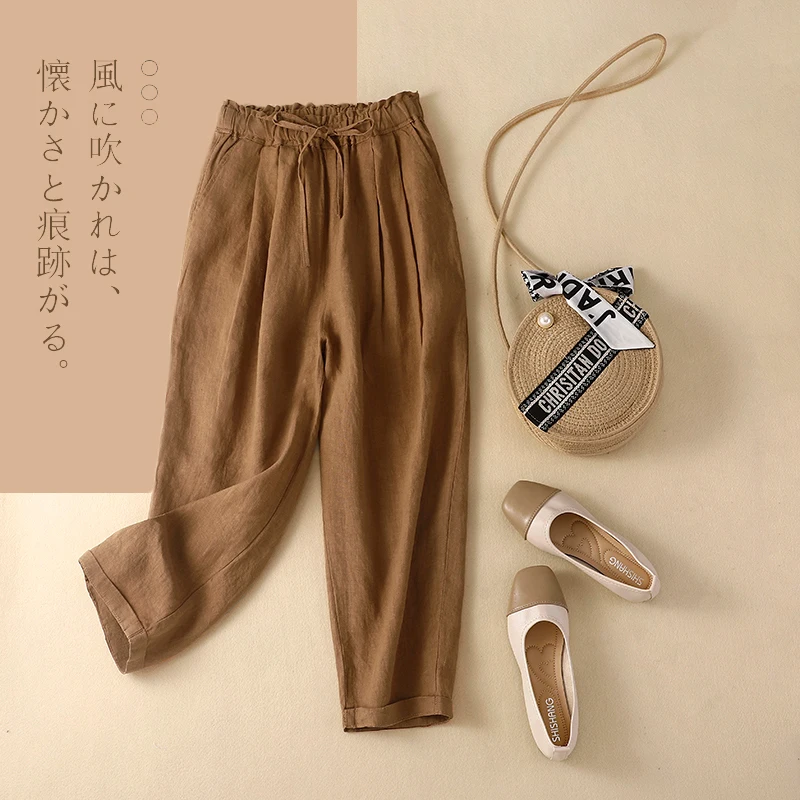 

2022 Summer New Arts Style Women Elastic Waist Solid Loose Ankle-length Pants All-matched Casual Cotton Linen Harem Pants V965