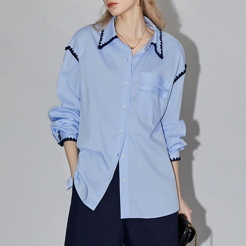 Модная женская рубашка с длинным рукавом белая отложным воротником блузка