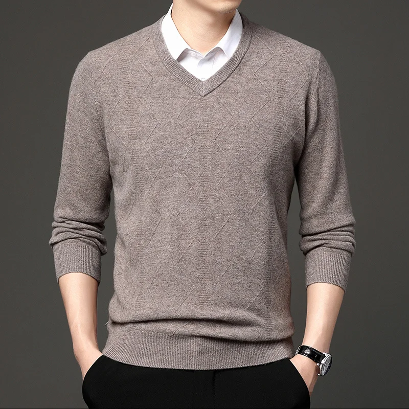 sweater Men's autumn and winter new V-neck pullover for young and middle-aged sweater solid color casual warm sweater