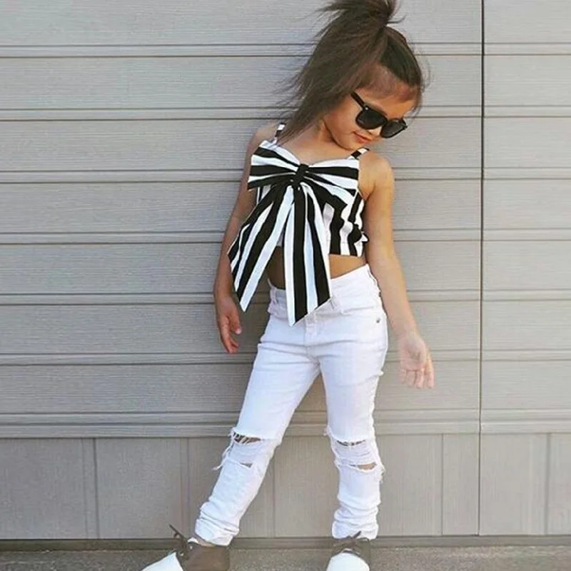 

2022 Girls Child Striped Big Butterfly Girls Kit Kids Broken Hole Pants Set Girls Clothing Girls Outfits