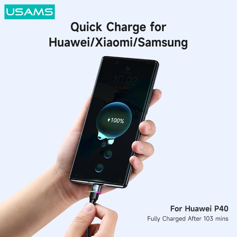 Кабель для быстрой зарядки и передачи данных USAMS PD 100 Вт 6 А цветной светодиодный