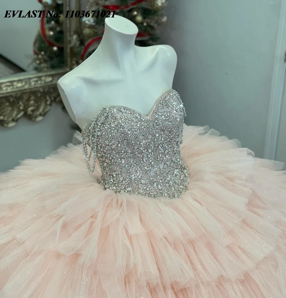 Роскошное розовое платье EVLAST Quinnceanera бальное многоярусная аппликация украшенная