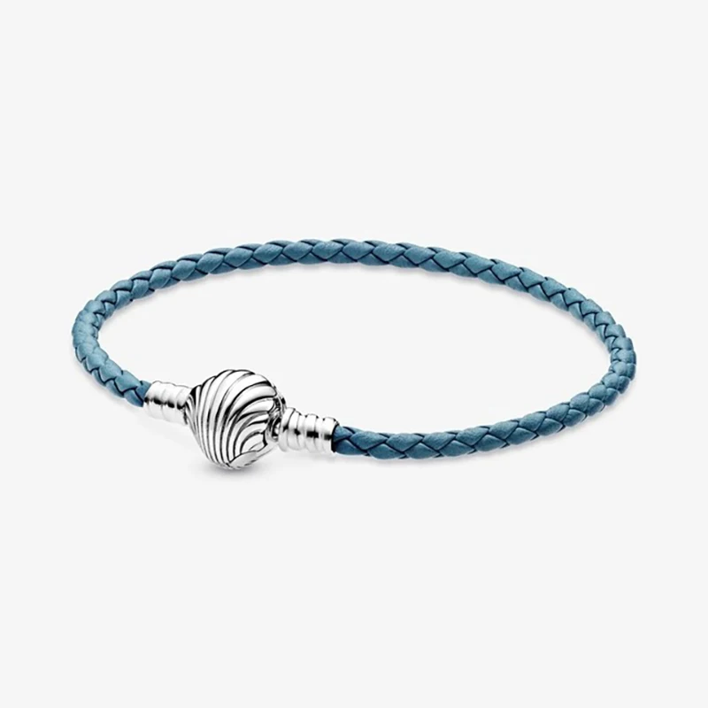

Comfortable Original Silver 925 Moments Seashell Clasp Turquoise Braided Leather Bracelet For Women DIY Jewelry Everyday Style
