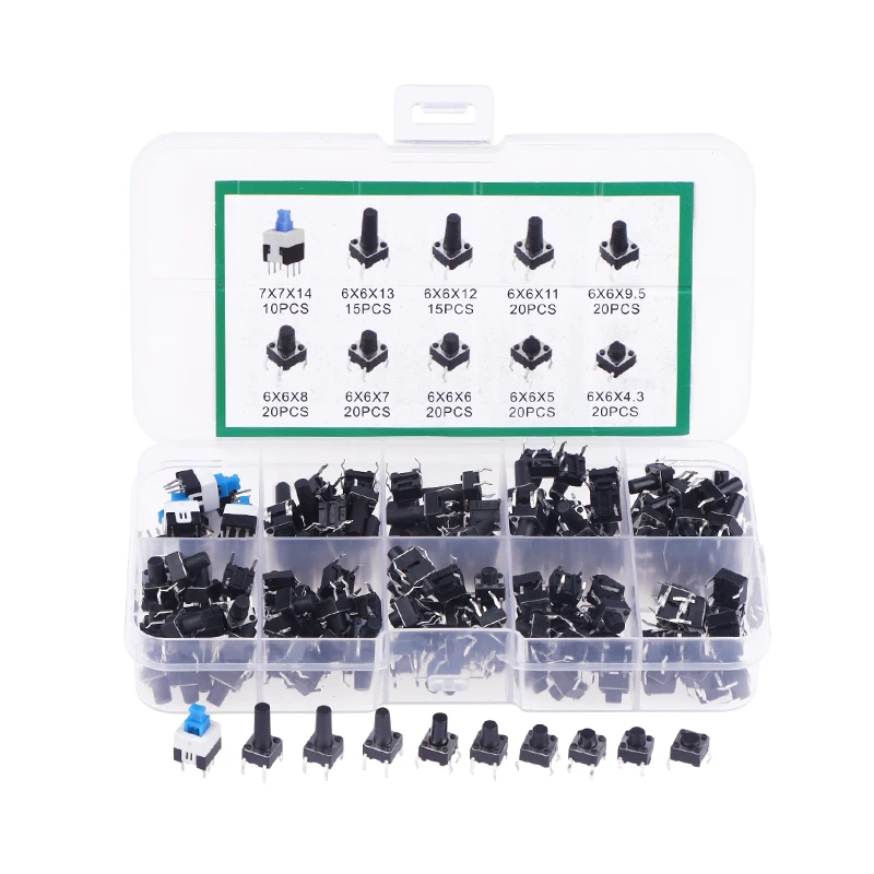 

10 значений, 180 шт., тактильный кнопочный переключатель, мгновенный тактильный тактовый мини-переключатель, комплект 6*6, 4,3-13 мм, 7*7 мм, мгновенный переключатель