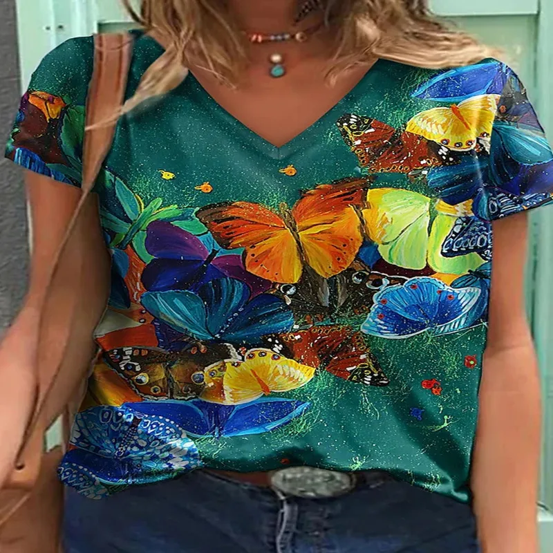 

Butterfly Print 3DWomen's T-ShirtSexy V-neck Fashionable New Summer Short Sleeve Topbaggy T Shirts Women y2k Dragonfly Pattern