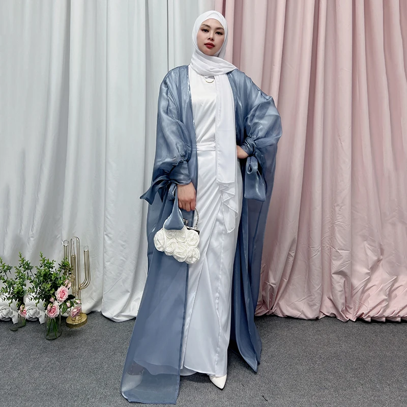 Ramadan Eid Open Abaya Kimono Summer Turkey Abayas for Women Satin Puff Sleeve Muslim Long Hijab Arabic Dress Islam Dubai Kaftan