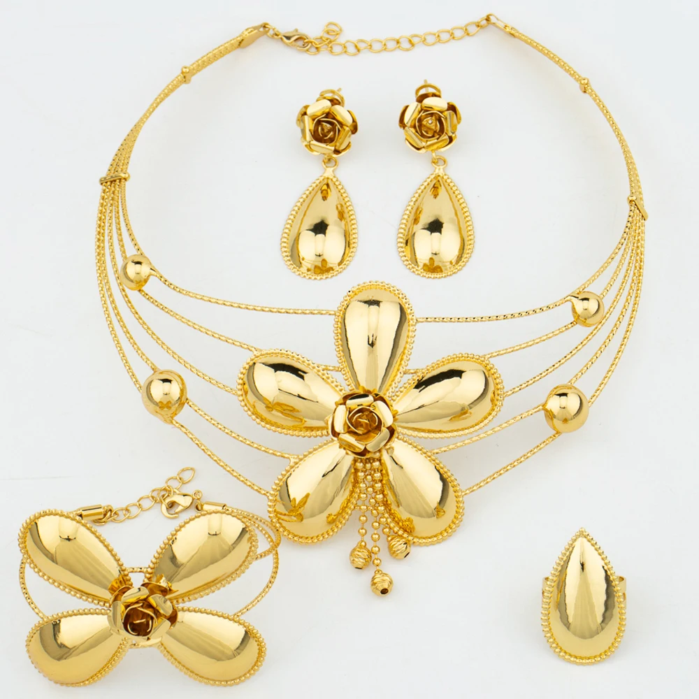 

YM Necklace Sets For Women Dubai African Gold Color Jewelry Set Bracelet Earrings Rings Nigerian Wedding Jewelery Set Gift