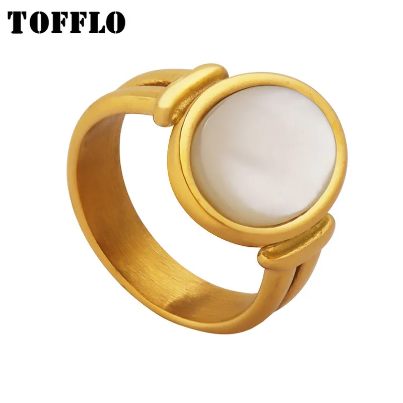 

TOFFLO Stainless Steel Jewelry Round Inlaid White Seashell Ring Women's Elegant Ring BSA256