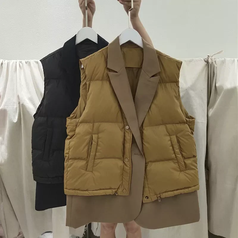 

2022NEW White Duck Down Vest Autumn Winter Women's Solid Loose Gilet Drawstring Waistcoat Women's Windproof Warm Jacket