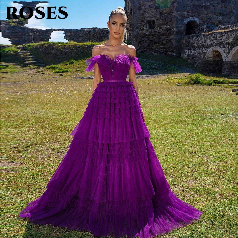

ROSES Purple Ruffles Maxi Prom Dresses Off-the-Shoulder Tiered Tulle A-Line Evening Party Dresses 2023 Frill-Layered Prom Gowns