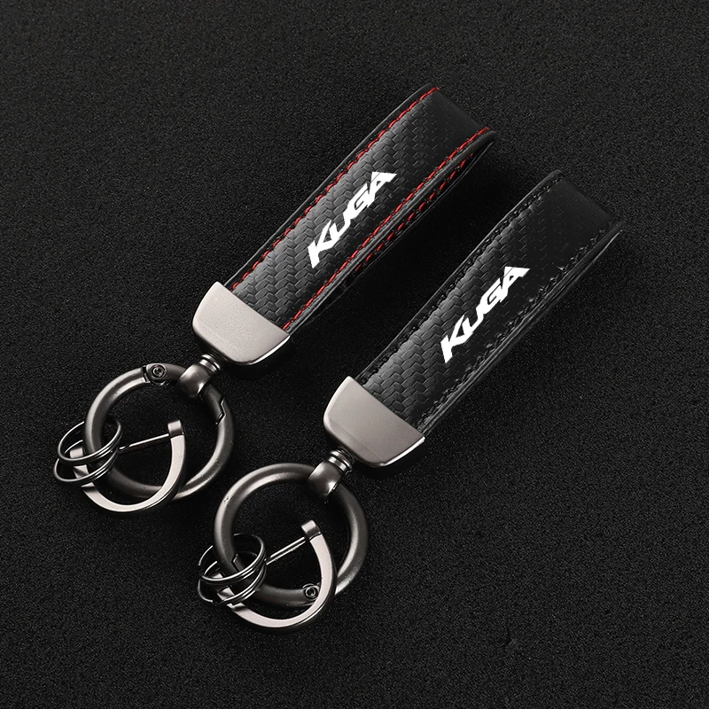 Leather Carbon Fiber Car Rings Keychain Zinc Alloy Keyrings For Ford Kuga with logo car accessories