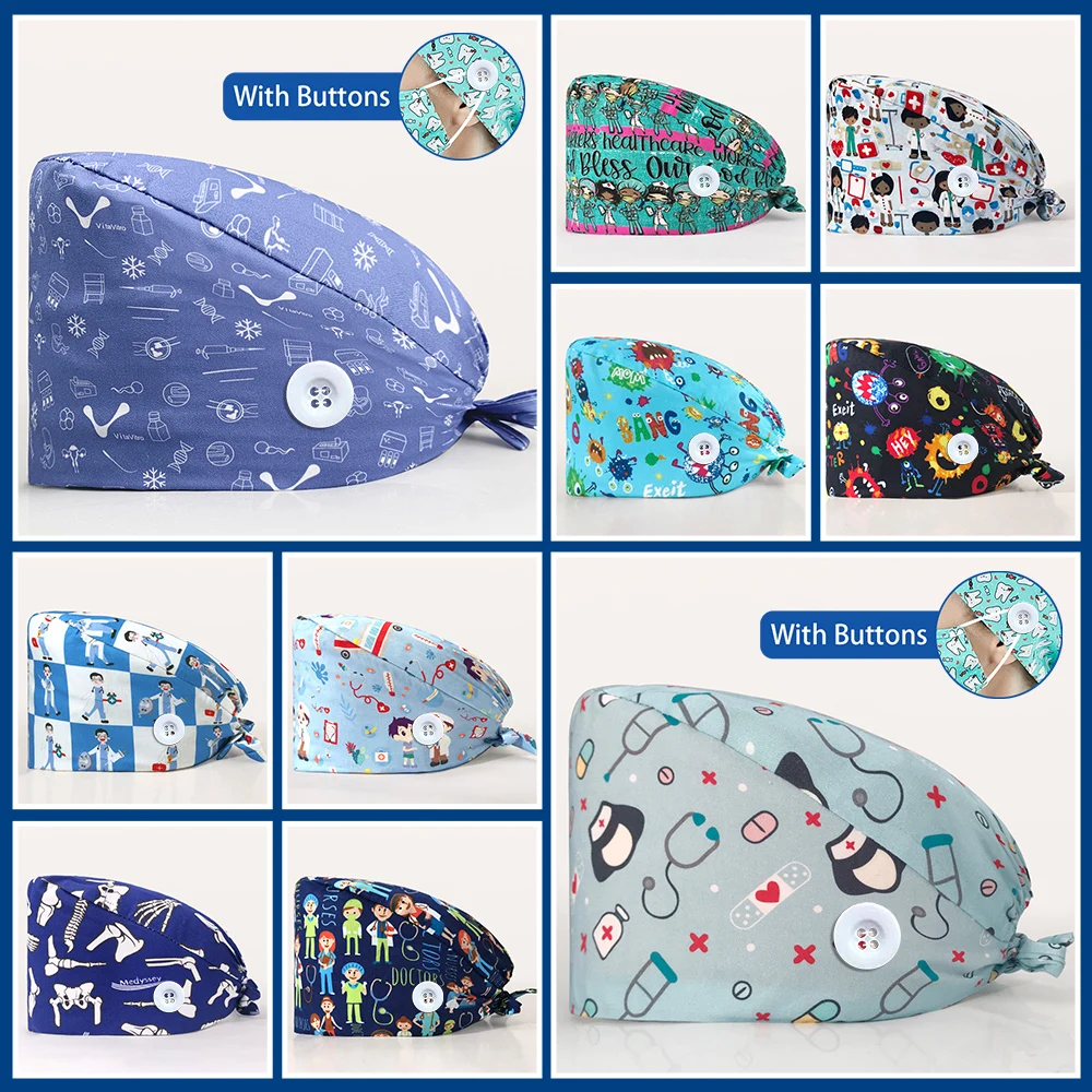

Хирургическая шапка с кнопкой, шапка медсестры, врача, чистый хлопок, стоматологическая шапка Baotou, шапка для кормления, Регулируемая Рабоча...