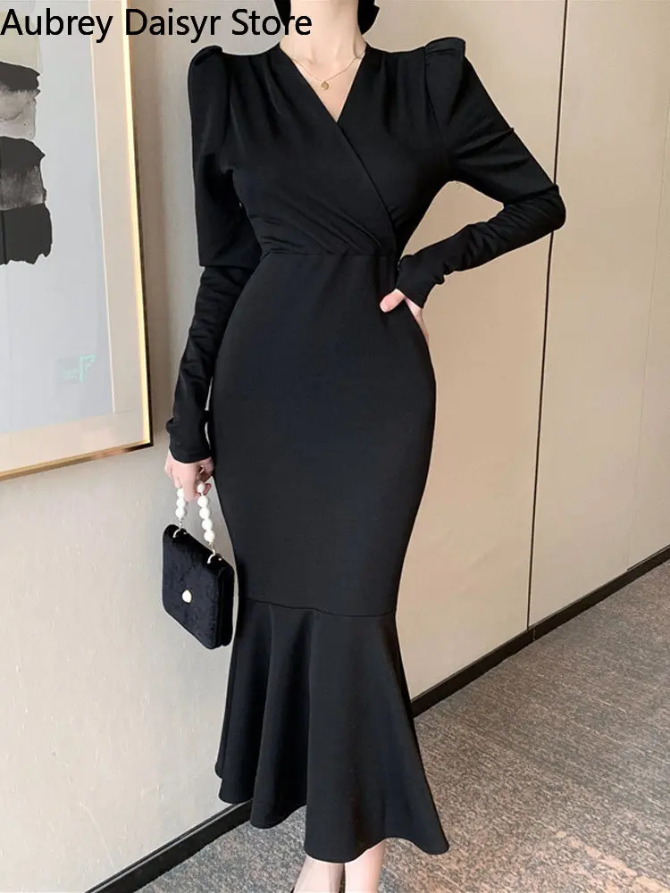 

Sexy V-neck Black Mermaid Dress Women Elegant Vintage Chic Puff Sleeve Midi Dress Female Korean Casual Evening Party Dress 2022