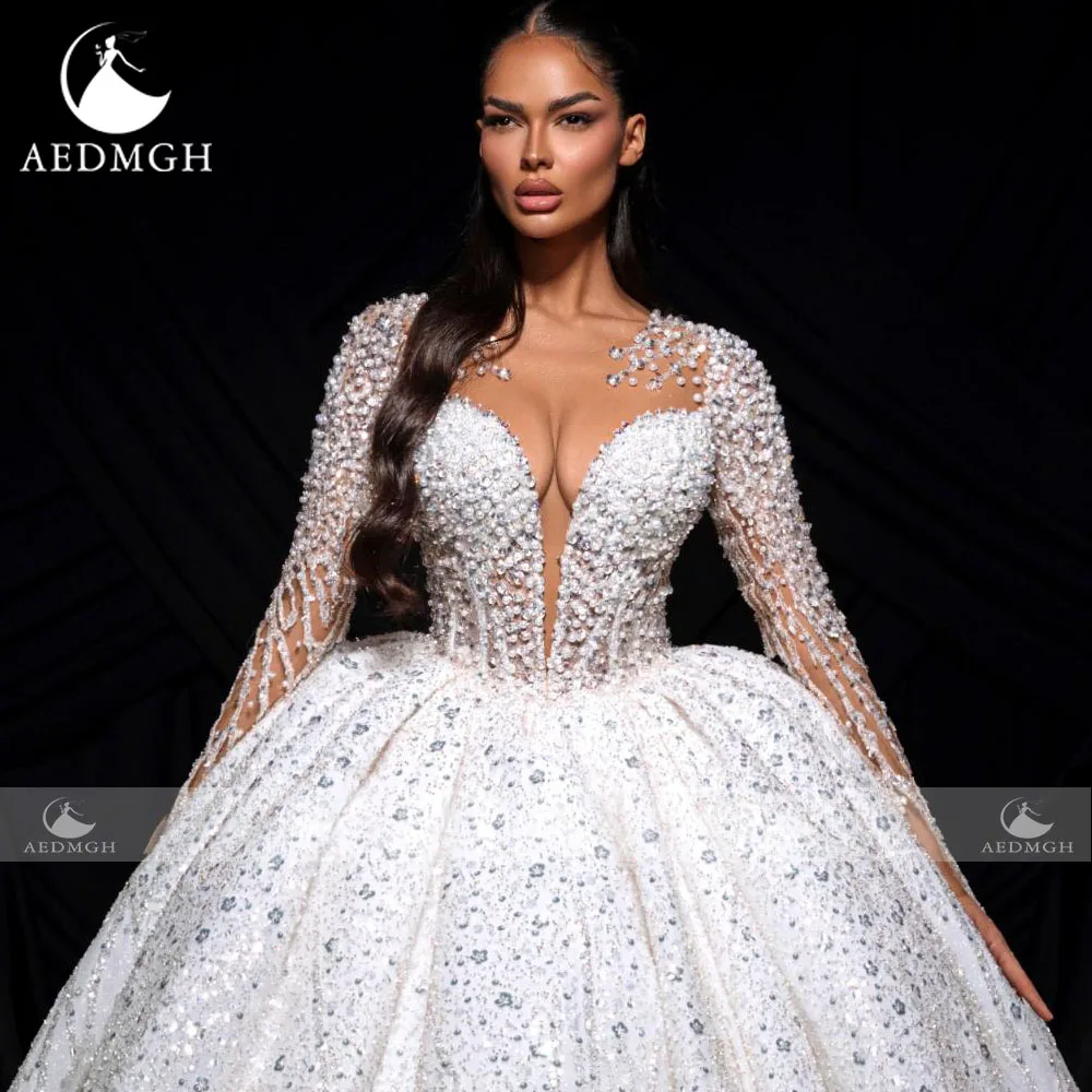 Фото Бальное платье Aedmgh, роскошные свадебные платья, зубчатое платье Vestido De Novia, кружевное, расшитое бисером и блестками, королевское винтажное свадебное платье на заказ №4