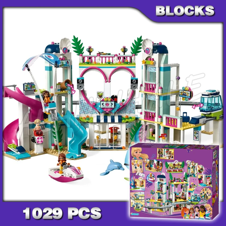 

1029pcs Friends Heartlake Resort Hotel Monorail Car Beach Water Park Dolphin 11035 Building Blocks Sets Compatible With Model