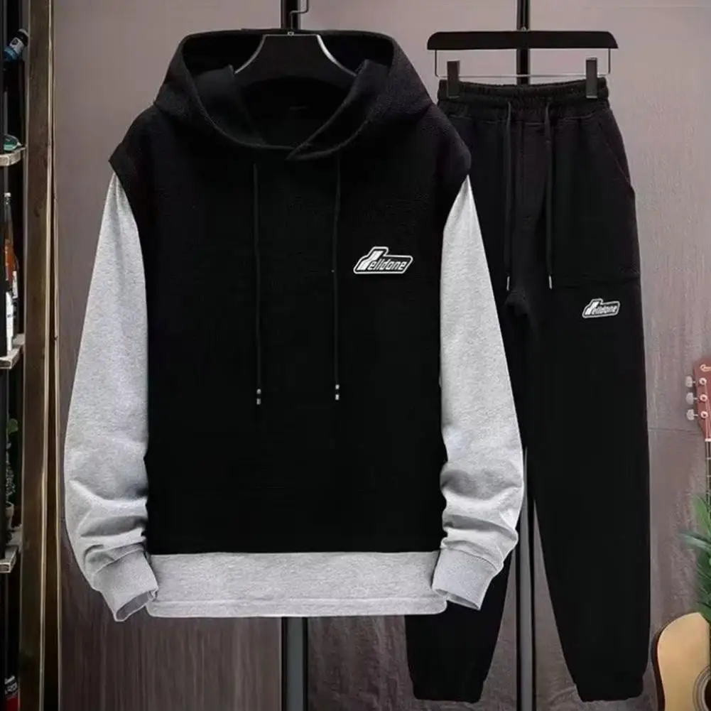 

Мужской тренировочный костюм в стиле пэчворк, свитшот с капюшоном, брюки с эластичным поясом, комплект для весны и осени