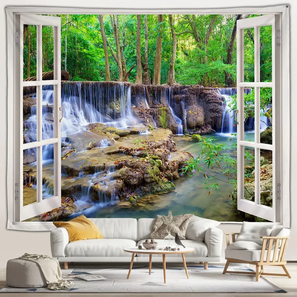 Тропический водопад пейзаж гобелен дзен зеленый бамбук океан пляж пальмы остров