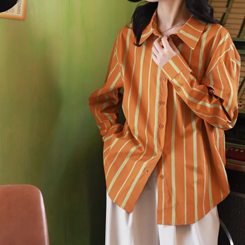 

XEJ Orange Stripes Top Spring Summer 2022 Womens Fashion Cool Blouse or Tops for Woman Long Sleeve Women Elegant Shirts Tunics