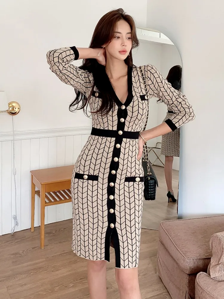 

Женское трикотажное платье-свитер, однобортное платье с V-образным вырезом, Осень-зима 2023