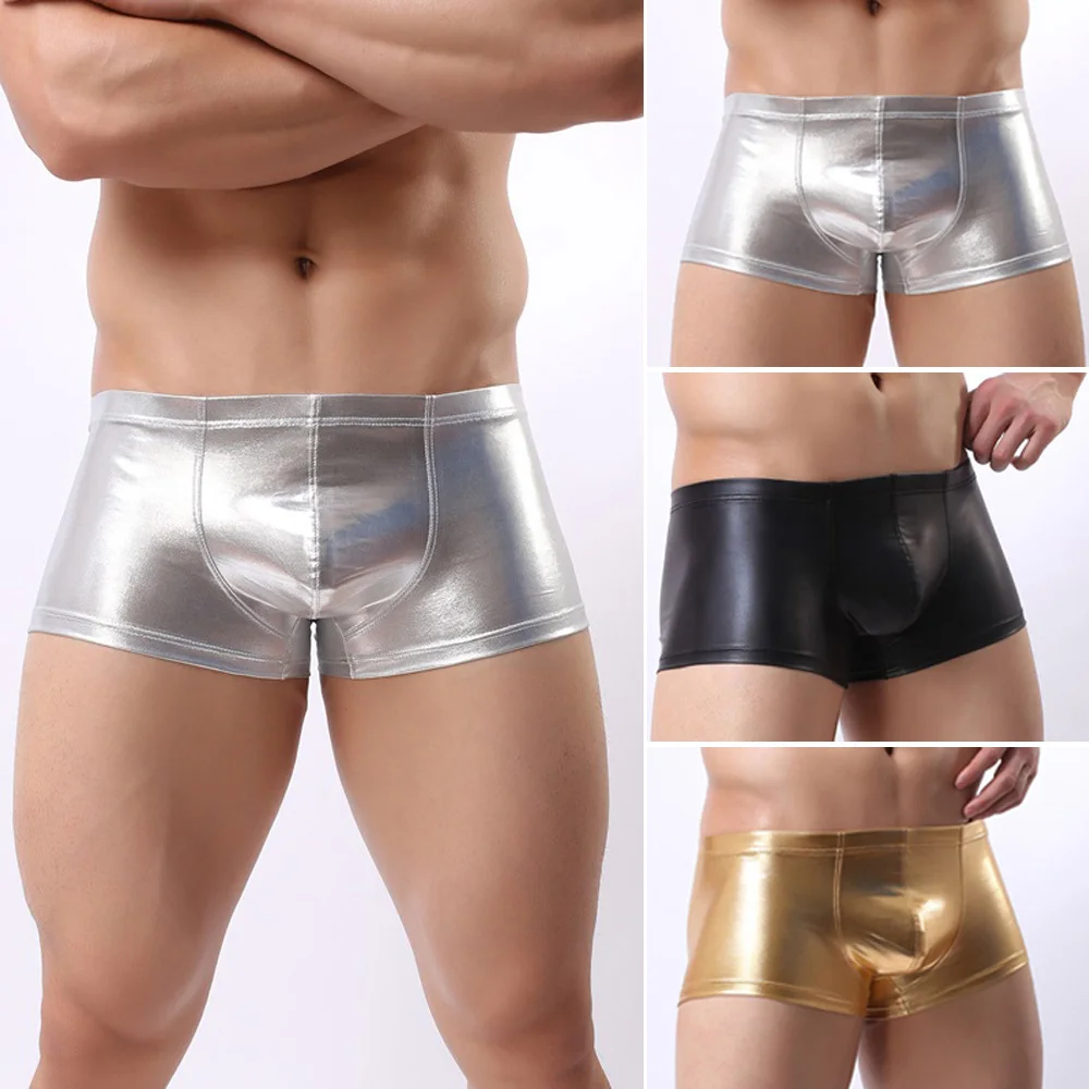 

Men's Erotic Appeal Sexy Leather Tight Boxer Briefs Knickers Underwear Shorts U Convex Pouch Underpant Sleep Bottoms Panties