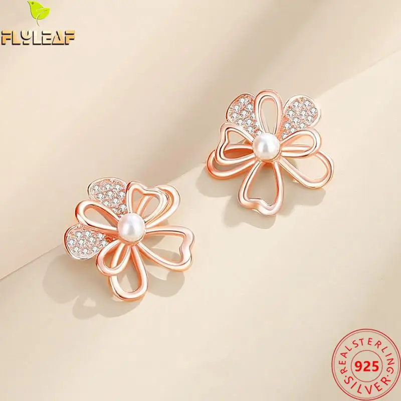 Real 925 Sterling Silver Jewelry Freshwater Pearl Hibiscus Stud Earrings For Women Rose Gold Plating Original Design Accessories