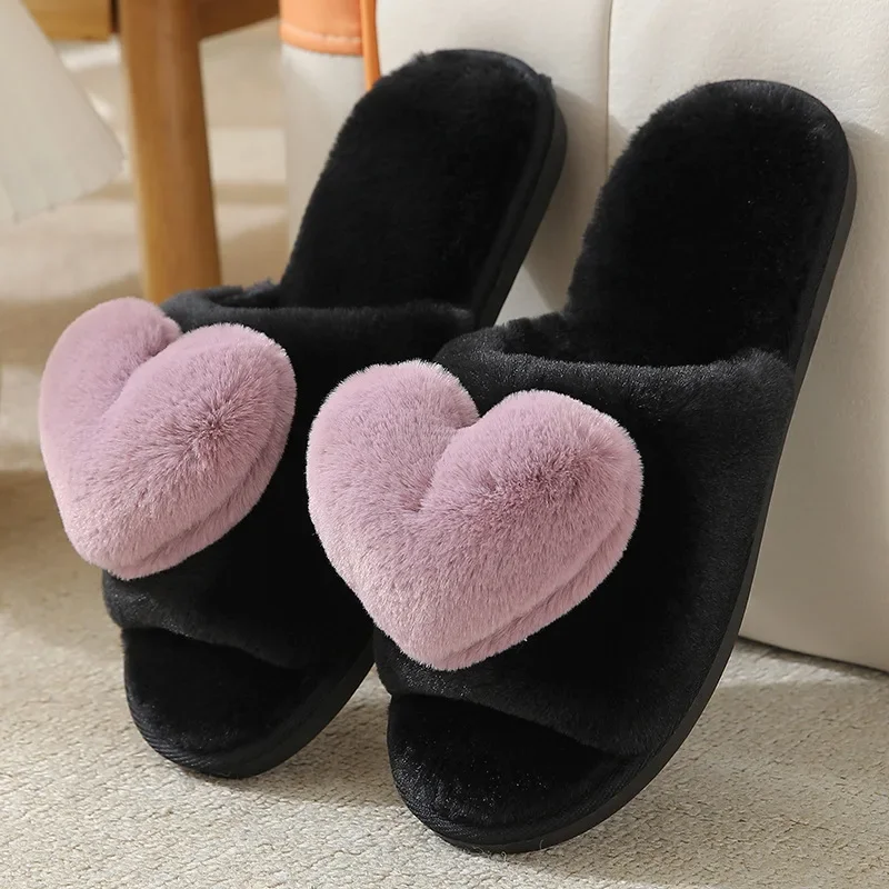 

Women Indoor Warm Home Slippers Bedroom Cute Heart Pattern Non-slip Soft Comfort Plush House Slippers Shoes Autumn Winter