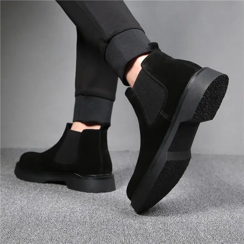 Мужские роскошные модные ботинки Челси черные трендовые туфли из коровьей замши