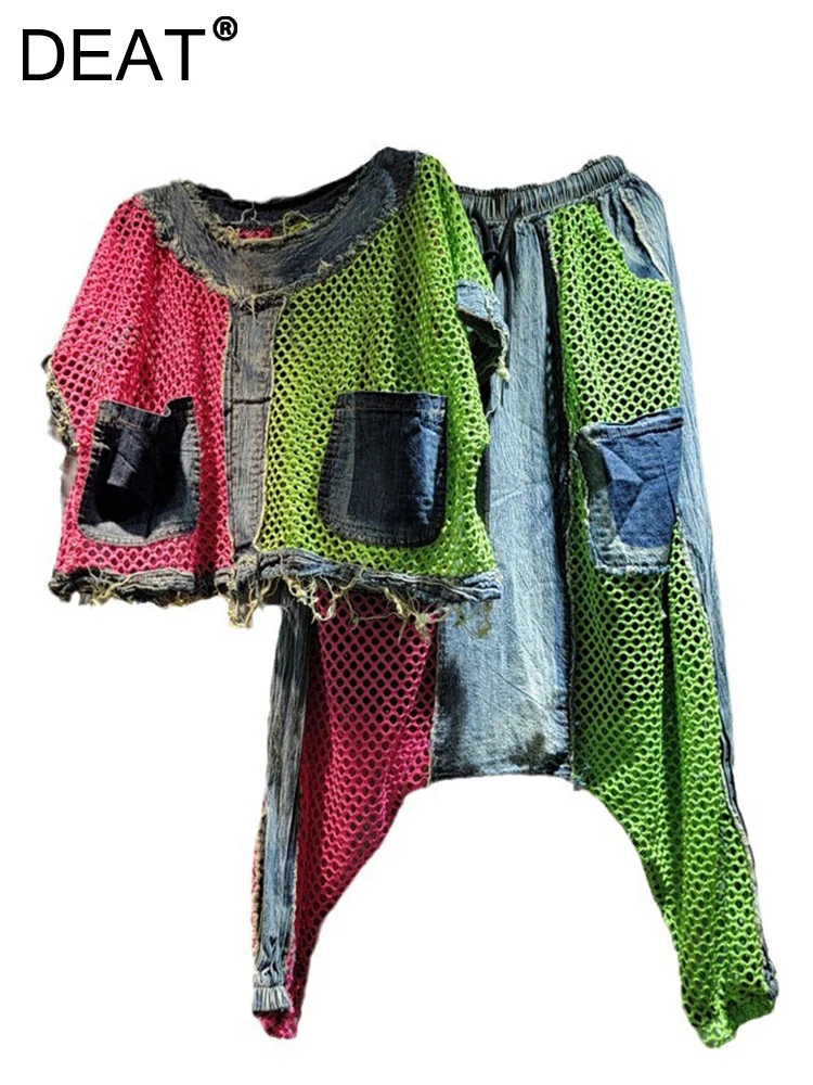 Женская джинсовая футболка с карманами DEAT Лоскутная контрастных цветов
