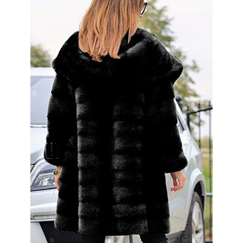 2022 Winter Fur Imitation Large Size Women's Coat Pink Solid Hooded Long Sleeve Loose Coats New Female Keep Warm Ladies Clothes