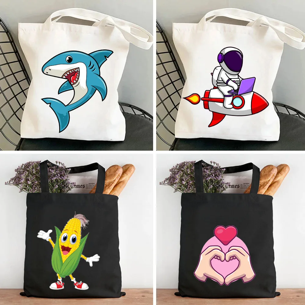 

Funny Corn Cute Astronaut Cartoon Shark Lamp Hand Love Rocket Women Harajuku Shopper Handbags Totes Shoulder Shopping Canvas Bag