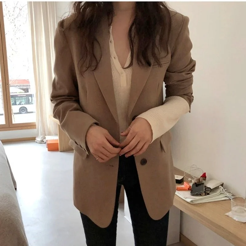 Korea Style Women Casual Blazer Grey Solid Colors Single Breasted Loose Suit Woman Spring Fashion Office Work Long Sleeve Blazer