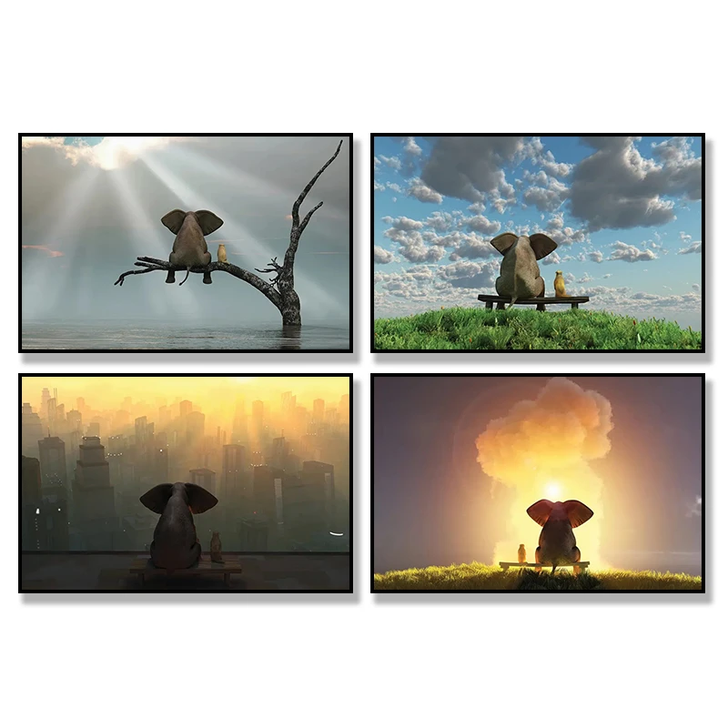 

Elephants And Puppies Accompany Each Other Posters Prints Canvas Landscape Wall Art For Living Room Home Bedroom Decor Frameless