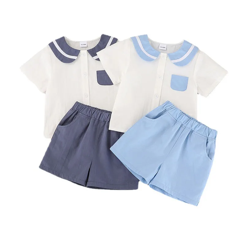 

2022 Korean Japanese Style Navy Collar Summer Cotton T-Shirt+Shorts 2PCS Boy Set Girl Clothes Casual Children Kids Clothing