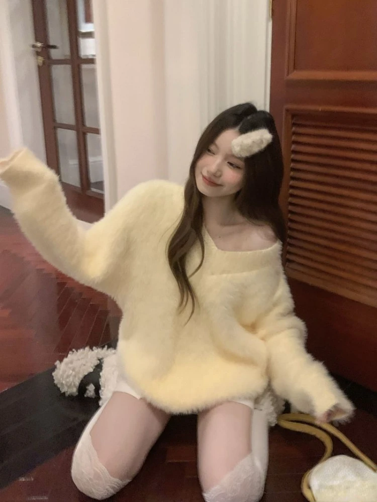 ga sweter damski jesienno-zimowy modny dekolt w serek jednolity luźny Vintage ciepły szykowny stylu francuskim dzianina