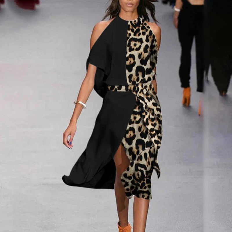

Leopard Women's Dress Summer Off The Shoulder Dresses for Women 2022 Casual Split Short Sleeve O-Neck Casual Female Dress Woman