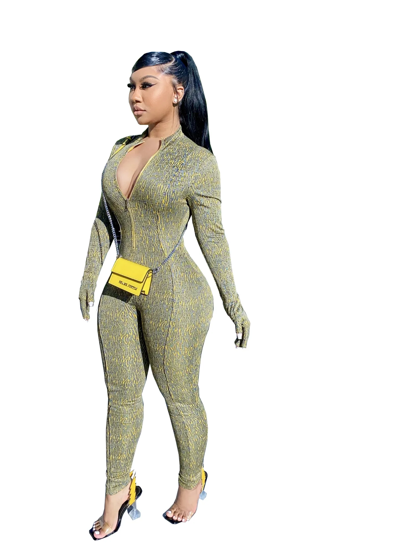 Ladies Elegant Jumpsuit Fall Winter Sexy Streetwear Fashion Print Jumpsuit Trousers bodysuit