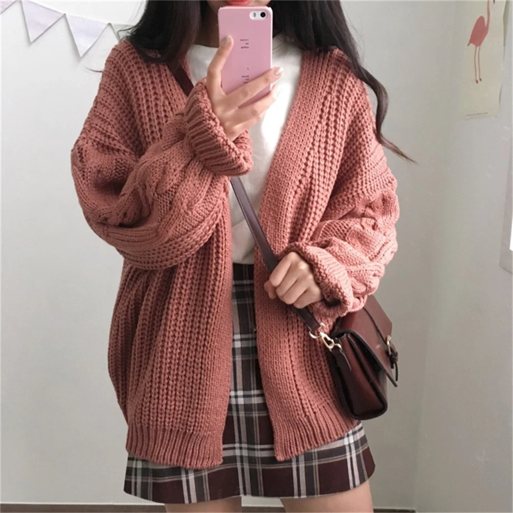

Women Winter Fall Knitted Casual Long Sleeve Sweater Warmth Cardigan Autumn Loose Femme Preppy Fashion Solid Open Stitch Coat