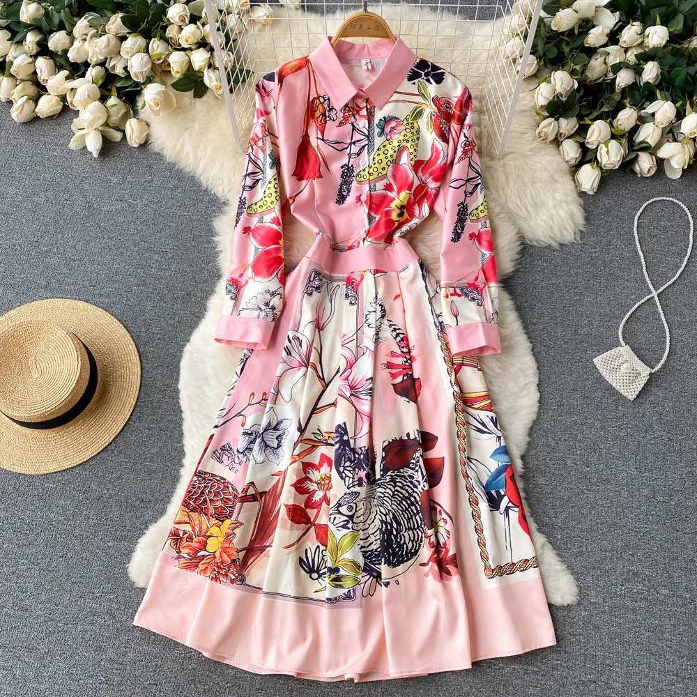 

Aibeautyer New Casual Spring Autumn Floral Print Button Slim Lady Full Dress A Line Tunrndown Collar Chiffon Women Dresses